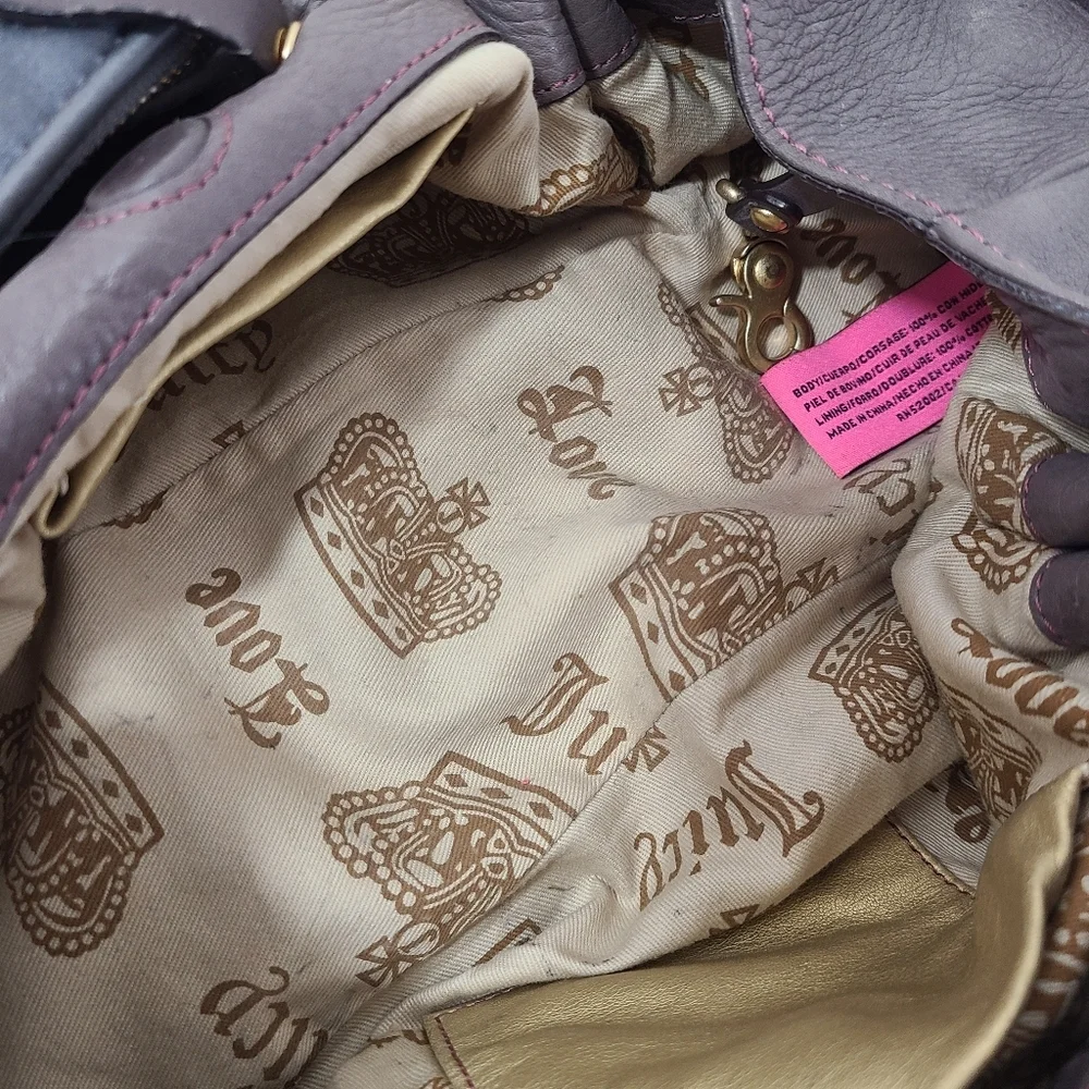 Vintage Y2K Juicy Couture slouchy leather hobo bag gray taupe pink gold